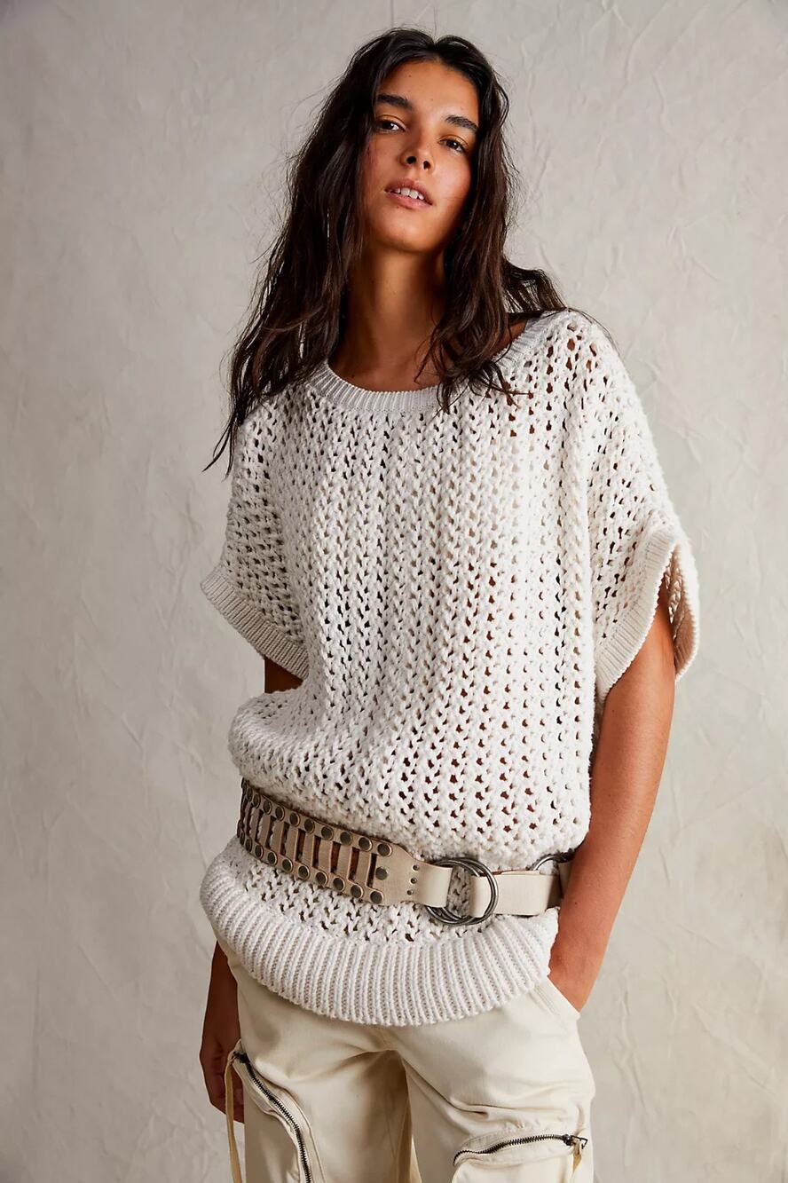 Free People Sophia Sweater Large Cream Crochet Open Knit Cotton Festival Boho